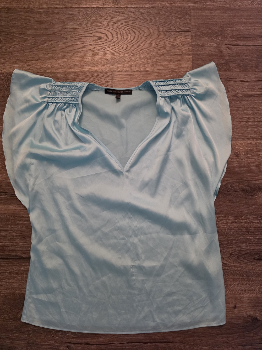 White House Black Market Pale Blue V-Neck Flutter Sleeve Blouse